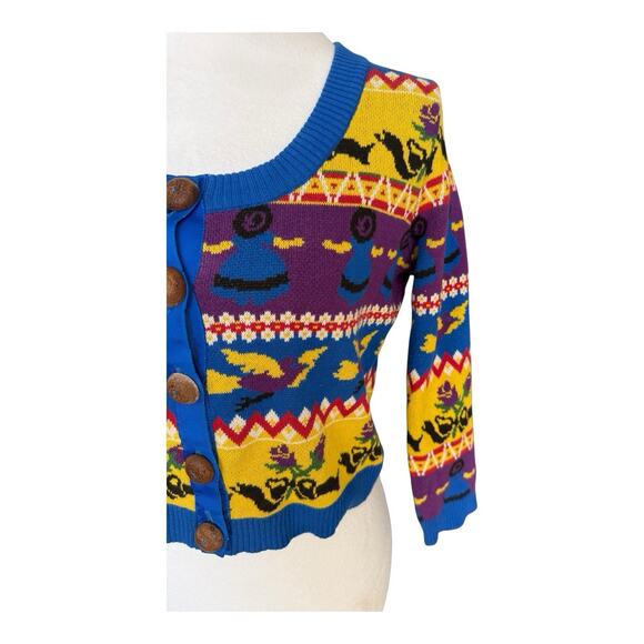 Vintage Betsey Johnson Punk Label Crop Cardigan Alley Cat Fair Aisle Print L Mod - Picture 4 of 16